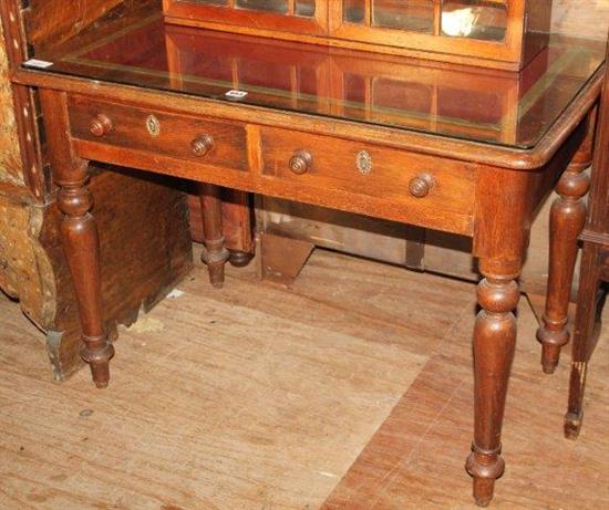 Oak & red leather writing table